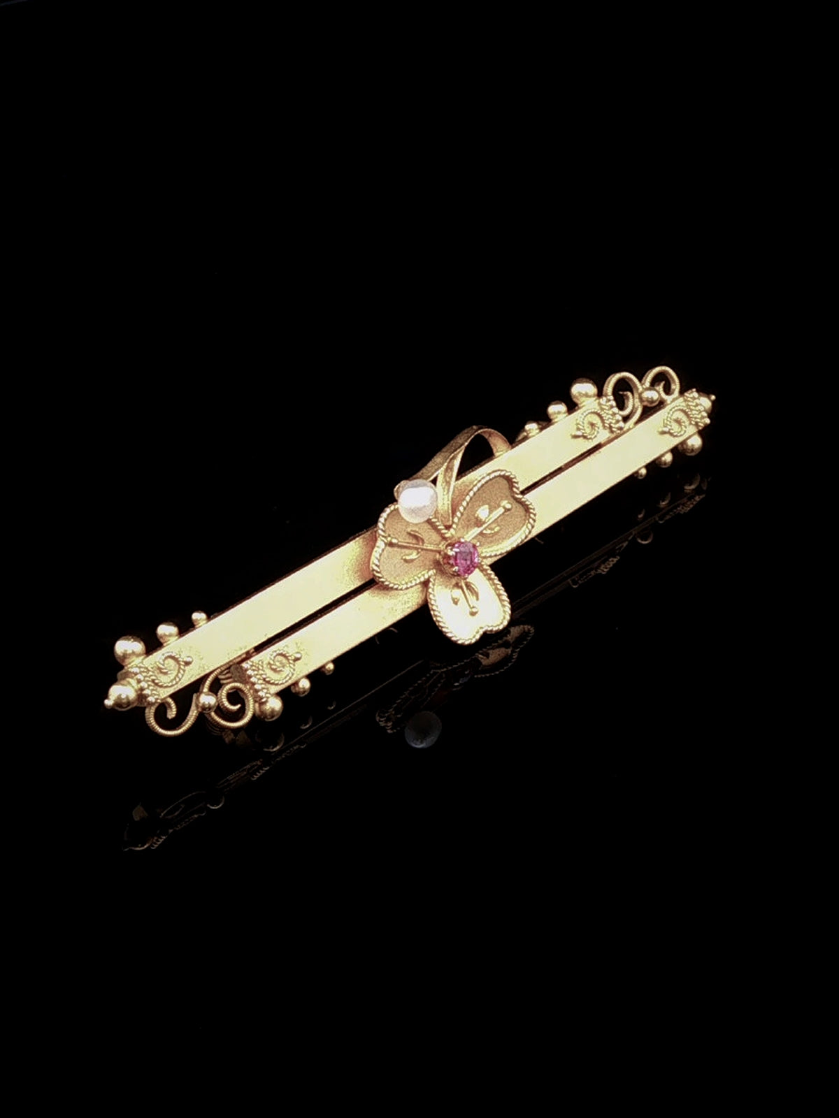 Antique Edwardian 15ct Gold Clover Ruby and Pearl Bar Brooch, Chester 1902