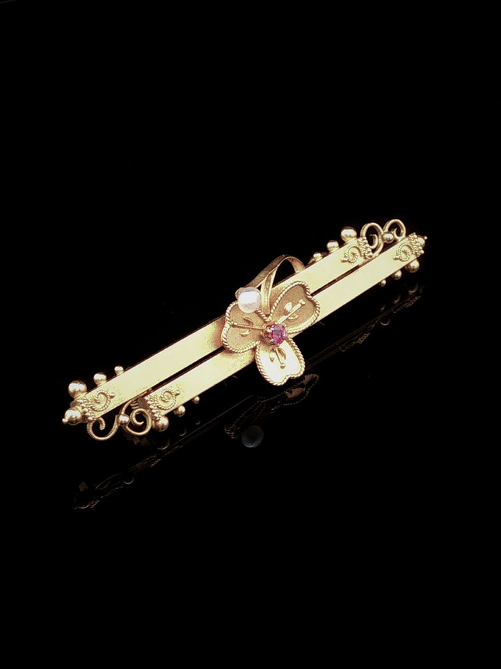 Antique Edwardian 15ct Gold Clover Ruby and Pearl Bar Brooch, Chester 1902