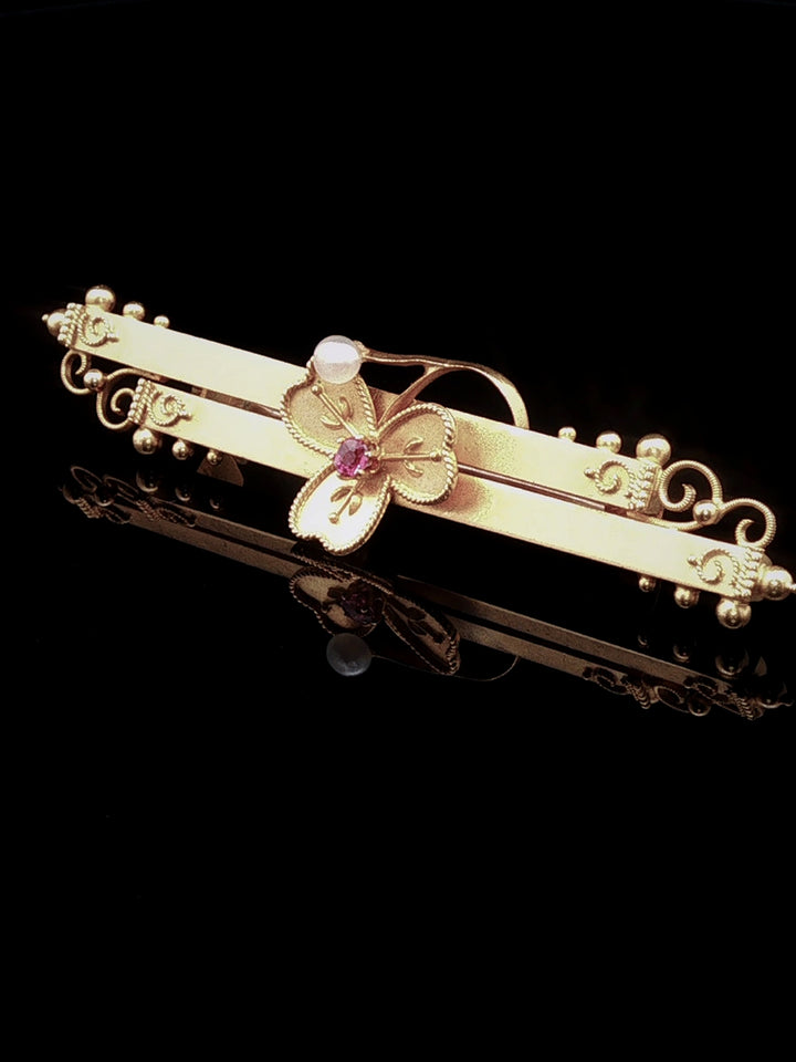 Antique Edwardian 15ct Gold Clover Ruby and Pearl Bar Brooch, Chester 1902
