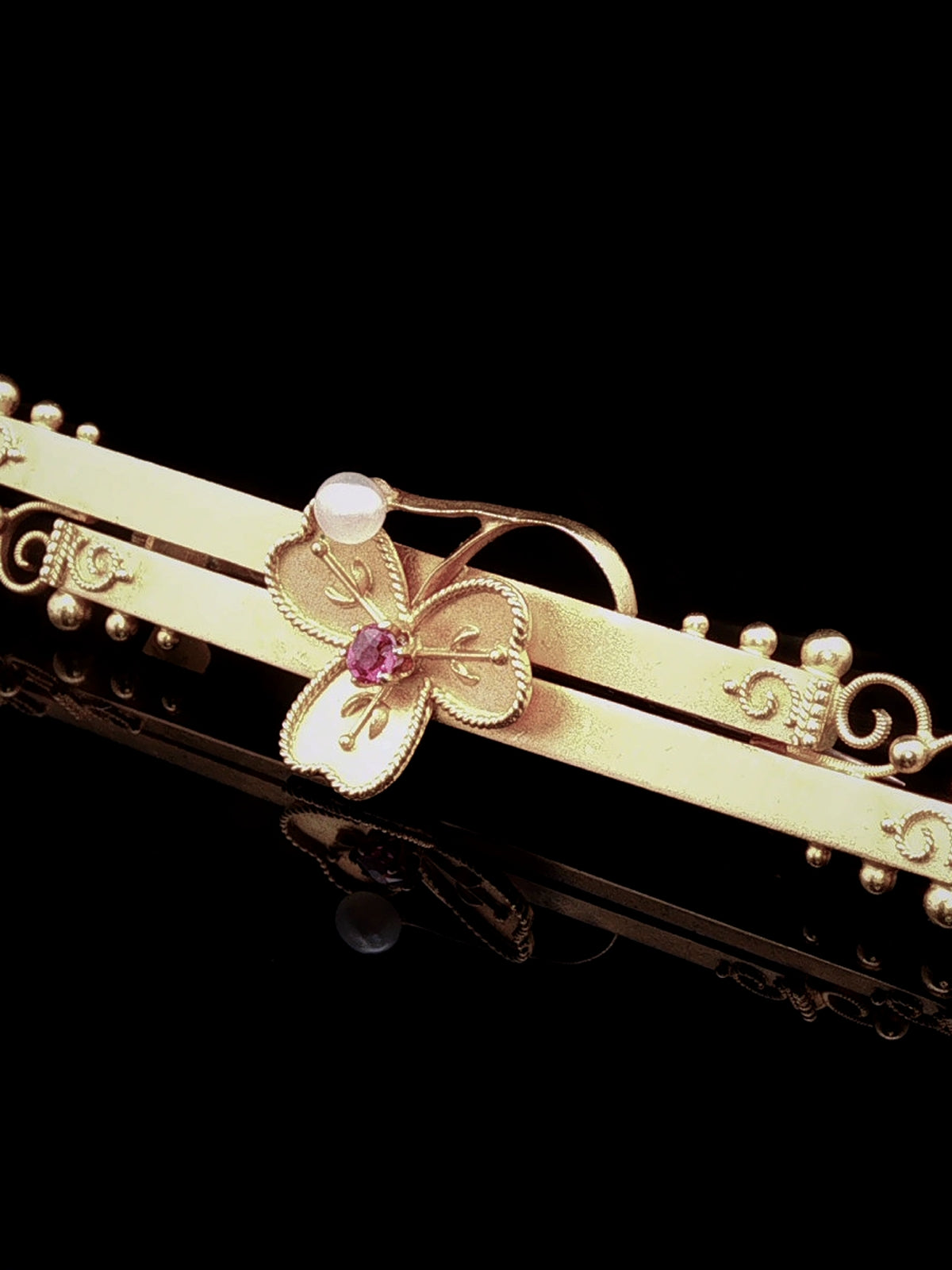 Antique Edwardian 15ct Gold Clover Ruby and Pearl Bar Brooch, Chester 1902
