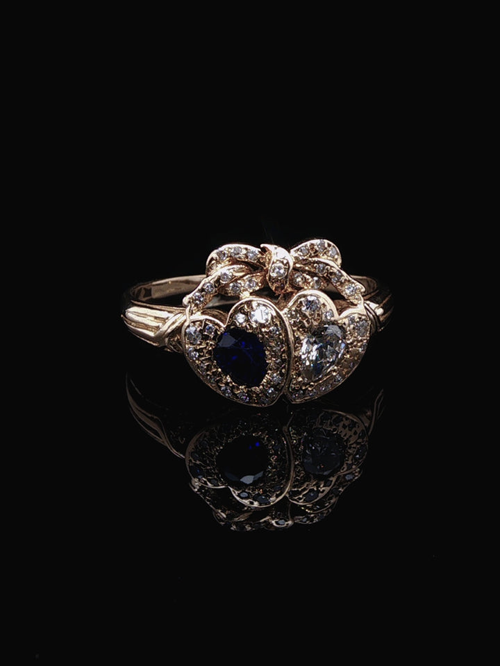 Vintage 18ct Yellow Gold 0.25ct Sapphire and 0.50ct Diamond Double Heart Ring