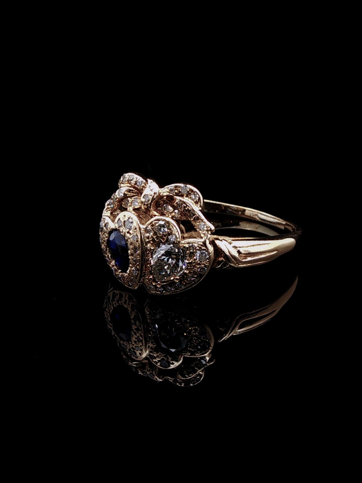 Vintage 18ct Yellow Gold 0.25ct Sapphire and 0.50ct Diamond Double Heart Ring