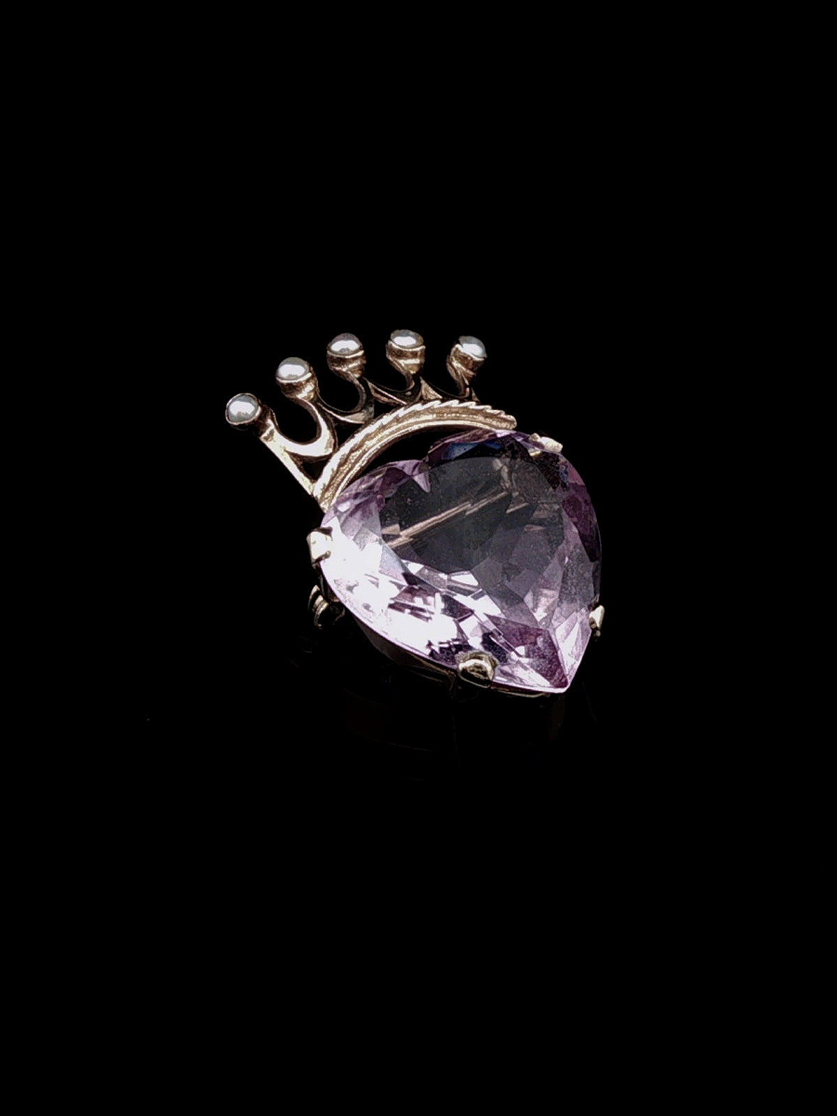 Vintage 9ct Gold Amethyst and Pearl Heart Crown Brooch