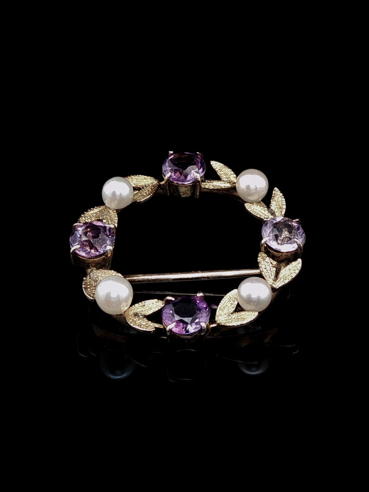 Vintage 9ct Yellow Gold Amethyst and Pearl Circular Wreath Brooch