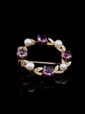 Vintage 9ct Yellow Gold Amethyst and Pearl Circular Wreath Brooch