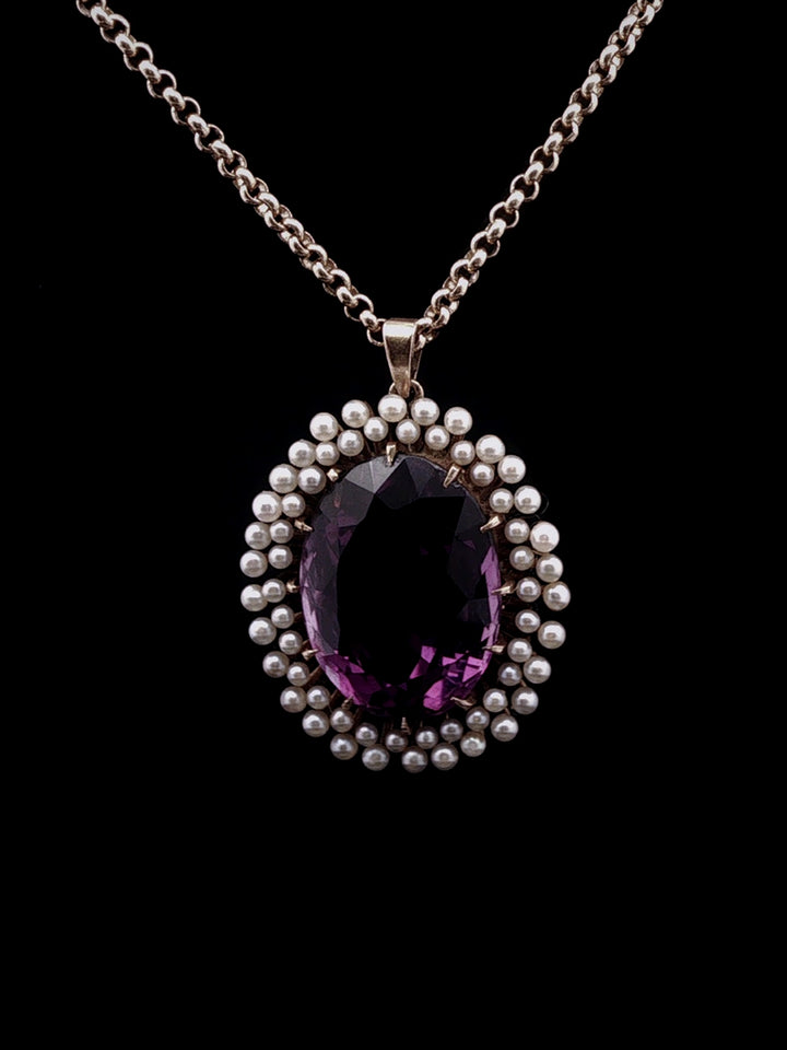 Vintage 9ct Yellow Gold Amethyst and Seed Pearl Starburst Pendant