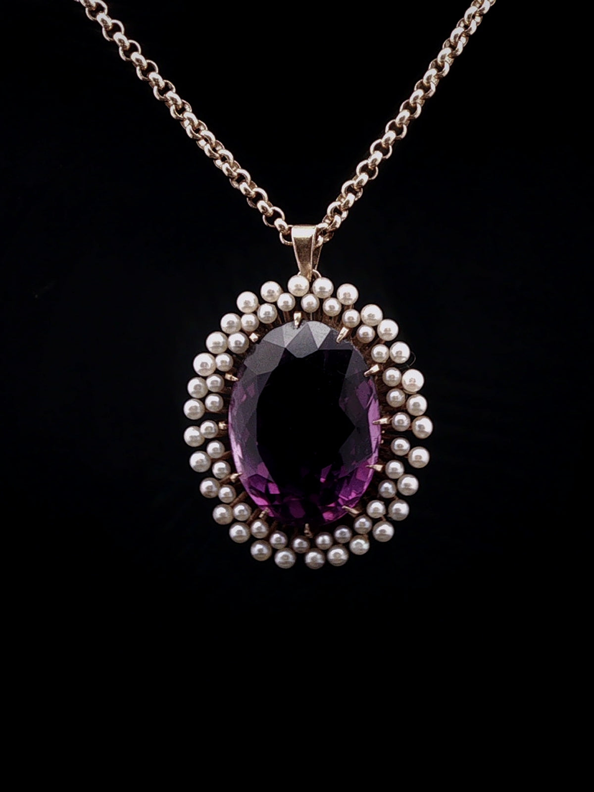 Vintage 9ct Yellow Gold Amethyst and Seed Pearl Starburst Pendant