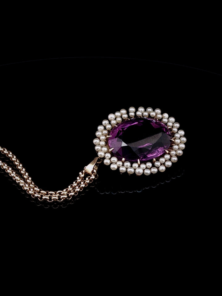 Vintage 9ct Yellow Gold Amethyst and Seed Pearl Starburst Pendant