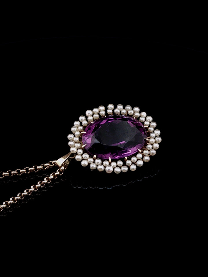 Vintage 9ct Yellow Gold Amethyst and Seed Pearl Starburst Pendant
