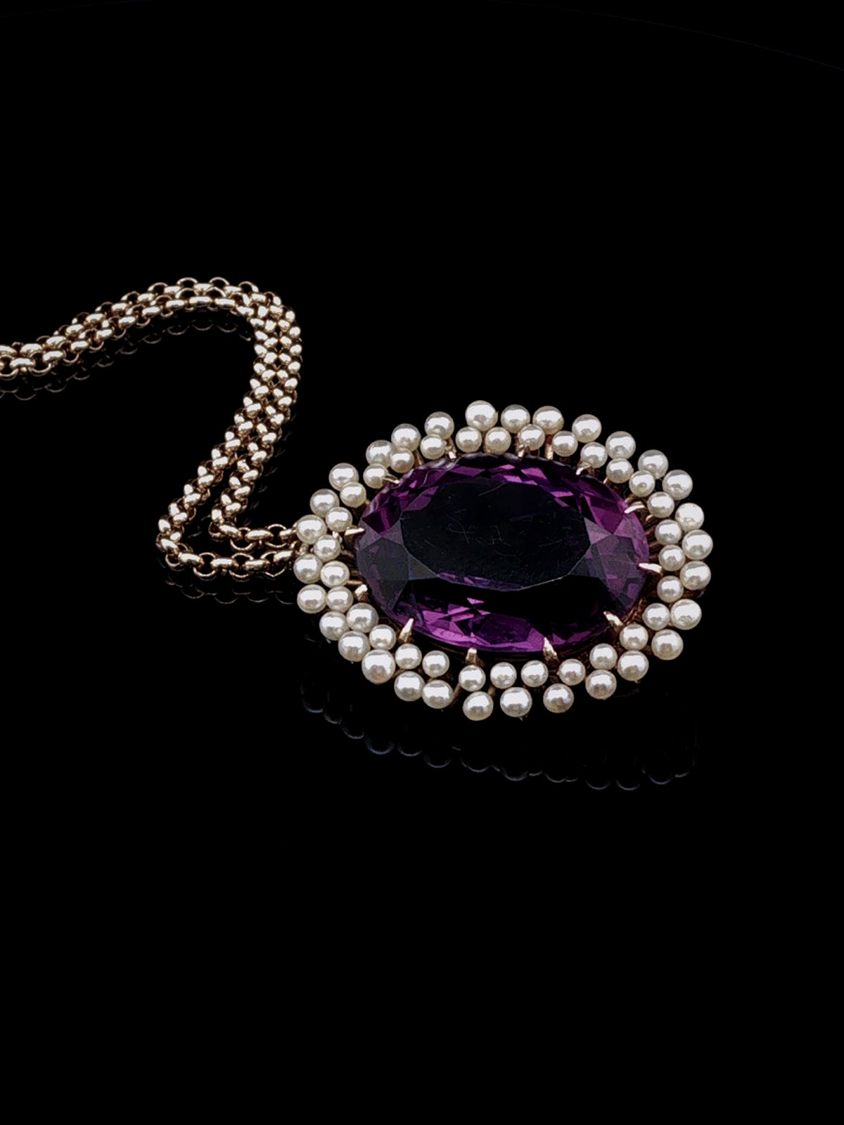 Vintage 9ct Yellow Gold Amethyst and Seed Pearl Starburst Pendant