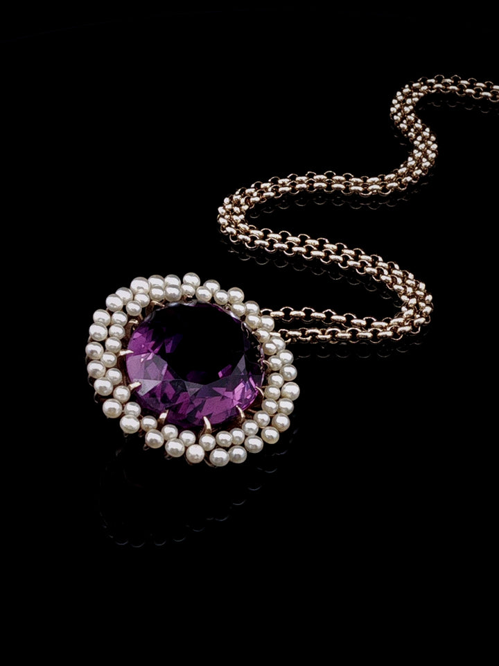 Vintage 9ct Yellow Gold Amethyst and Seed Pearl Starburst Pendant