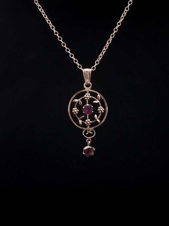 Vintage 9ct Yellow Gold Amethyst Floral Openwork Drop Pendant Necklace