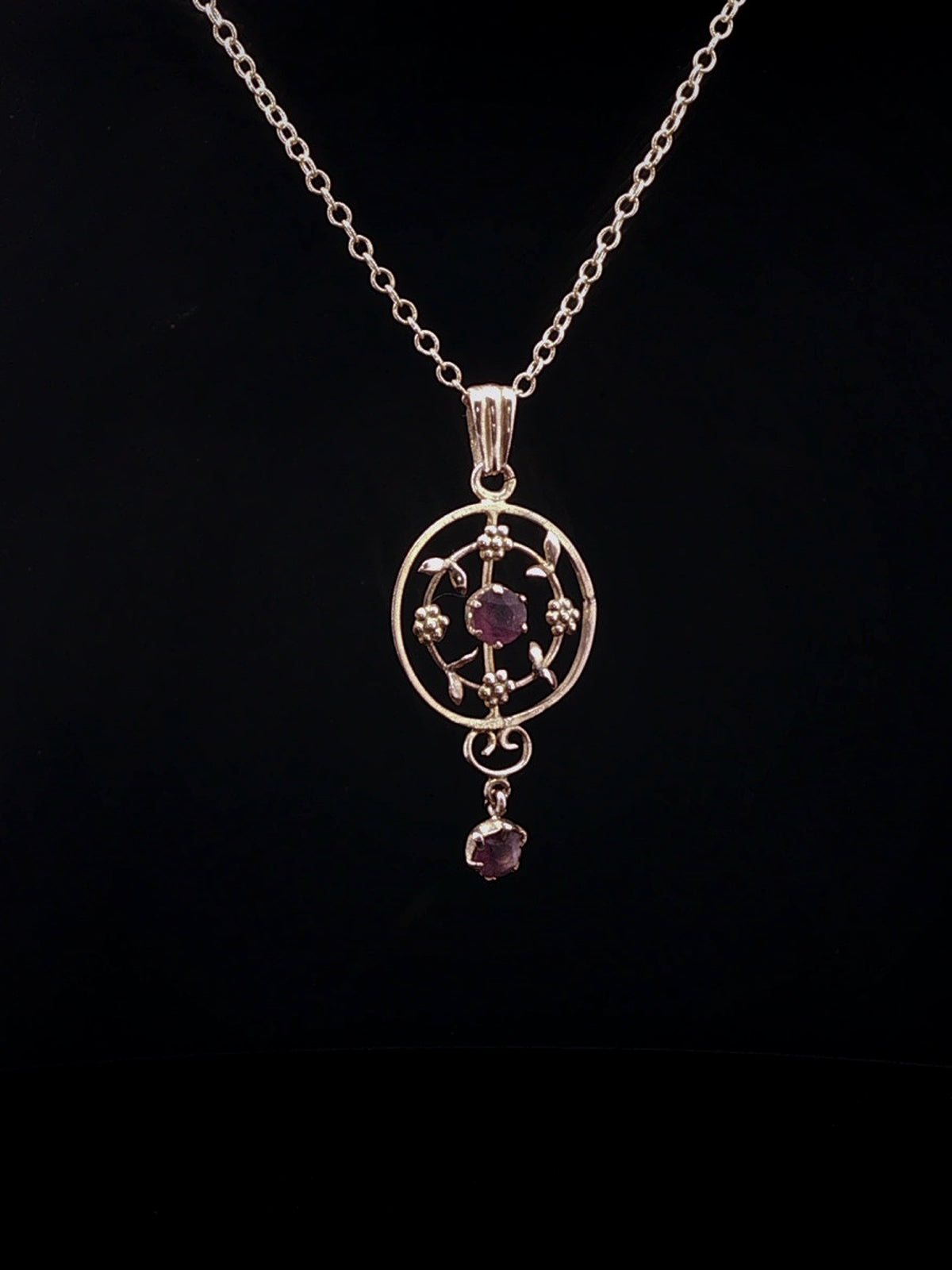 Vintage 9ct Yellow Gold Amethyst Floral Openwork Drop Pendant Necklace