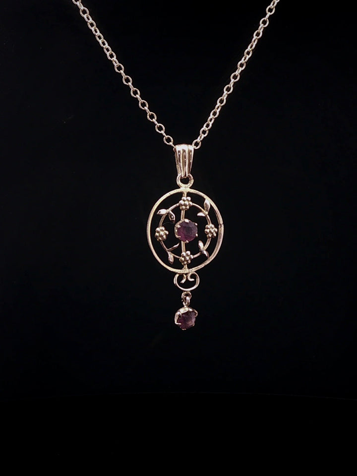Vintage 9ct Yellow Gold Amethyst Floral Openwork Drop Pendant Necklace