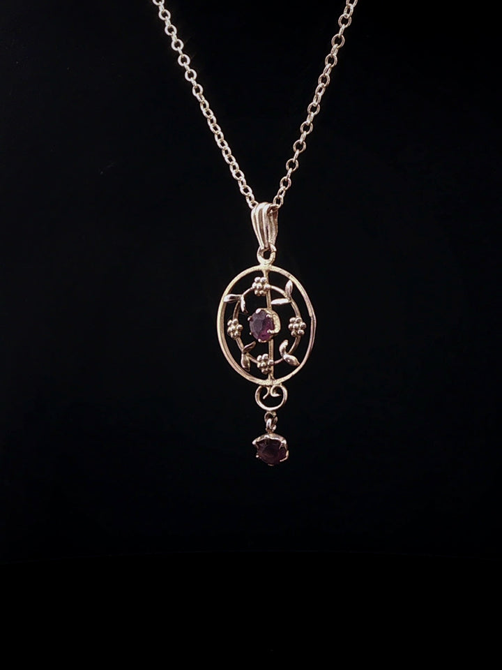 Vintage 9ct Yellow Gold Amethyst Floral Openwork Drop Pendant Necklace