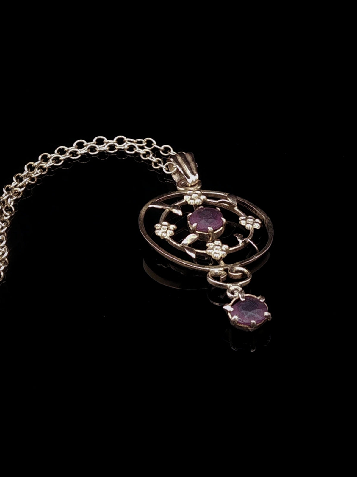 Vintage 9ct Yellow Gold Amethyst Floral Openwork Drop Pendant Necklace