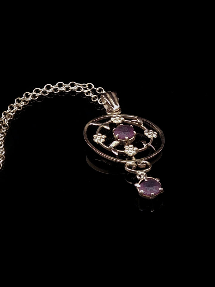 Vintage 9ct Yellow Gold Amethyst Floral Openwork Drop Pendant Necklace
