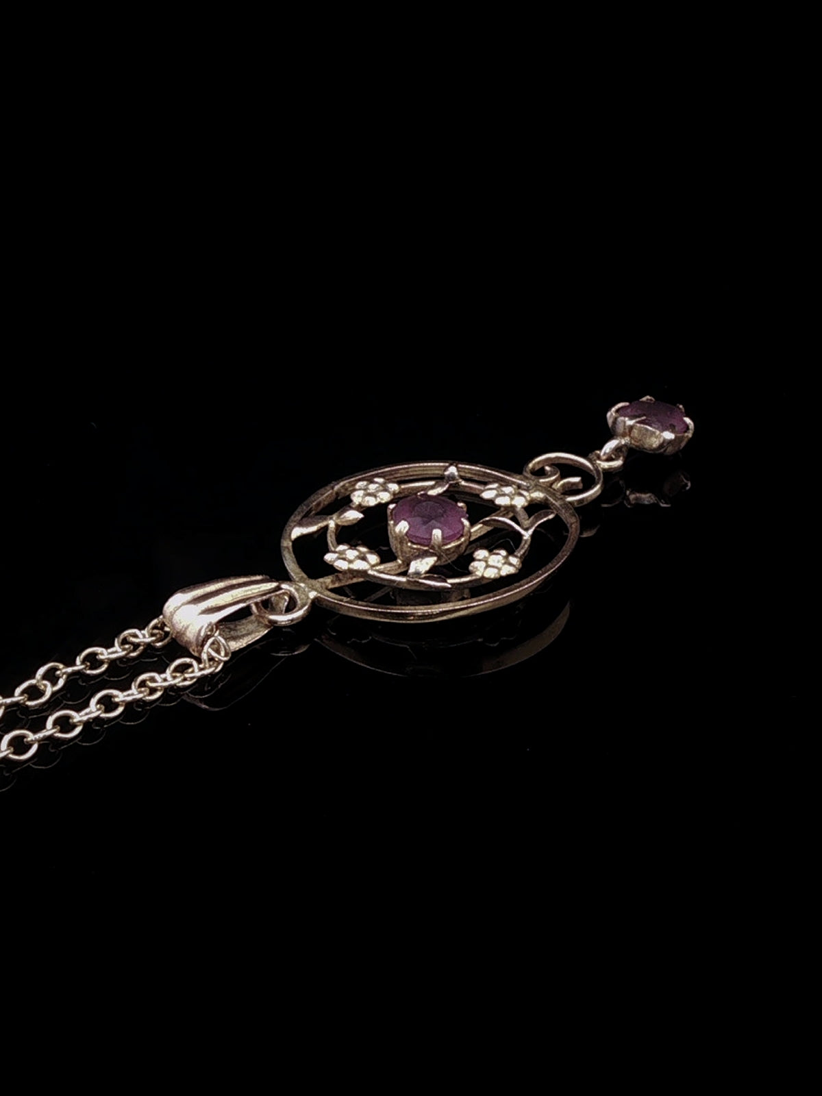Vintage 9ct Yellow Gold Amethyst Floral Openwork Drop Pendant Necklace