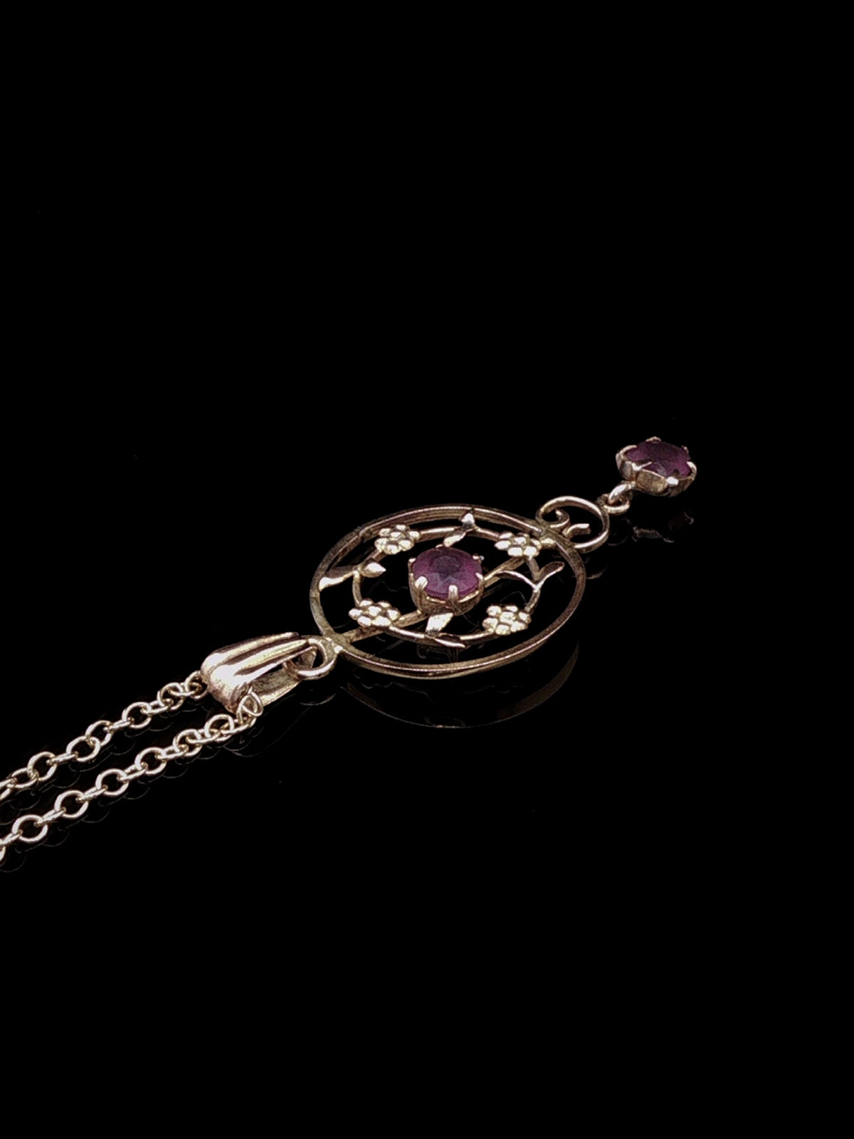 Vintage 9ct Yellow Gold Amethyst Floral Openwork Drop Pendant Necklace