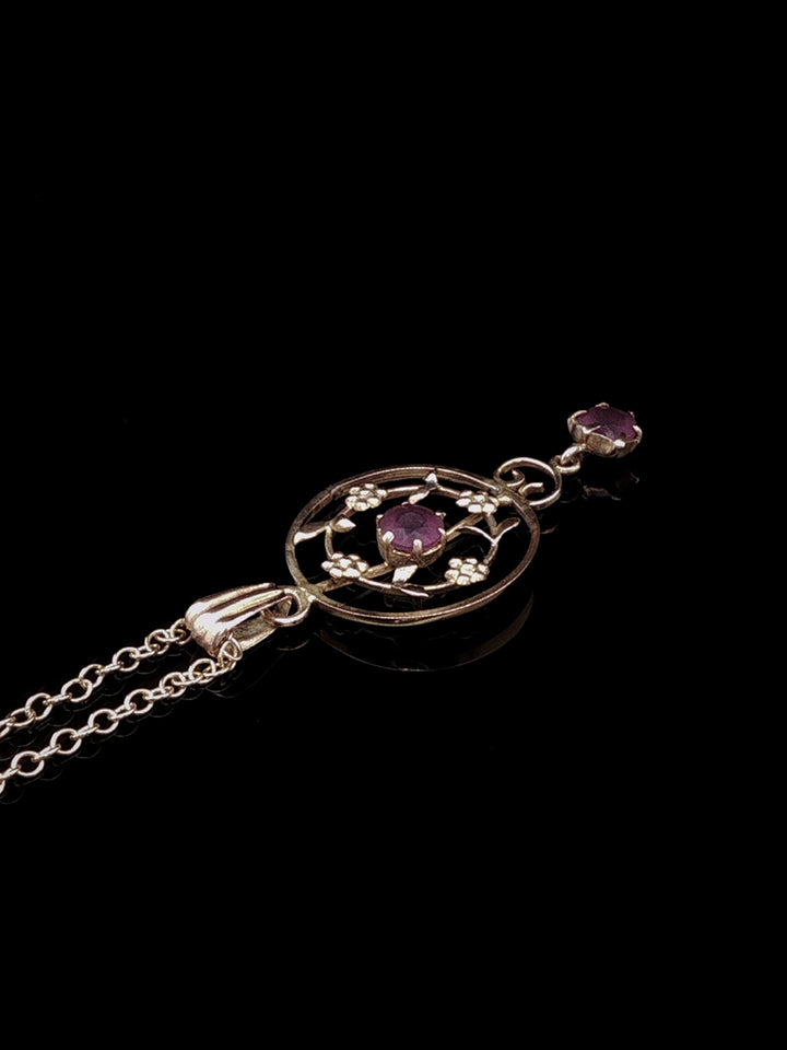 Vintage 9ct Yellow Gold Amethyst Floral Openwork Drop Pendant Necklace