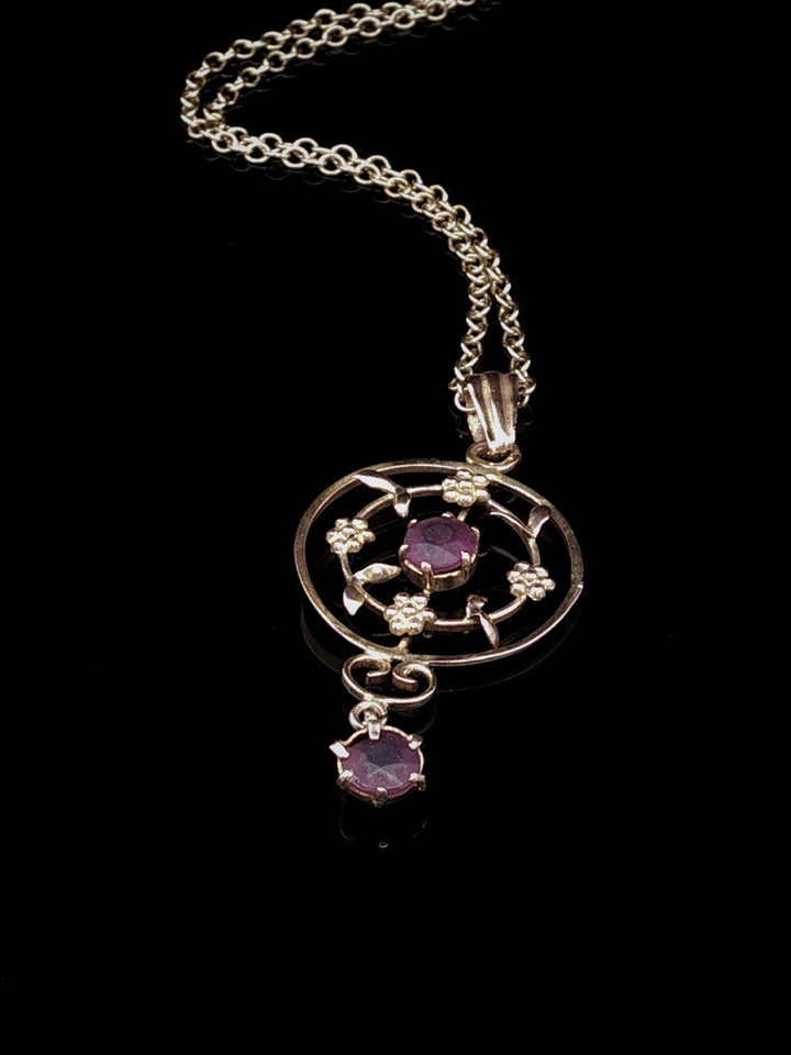 Vintage 9ct Yellow Gold Amethyst Floral Openwork Drop Pendant Necklace