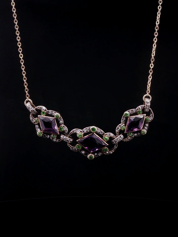 Antique 9ct Gold Amethyst, Diamond and  Demantoid Garnet Necklace, Circa 1900
