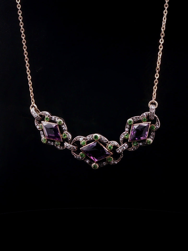 Antique 9ct Gold Amethyst, Diamond and  Demantoid Garnet Necklace, Circa 1900