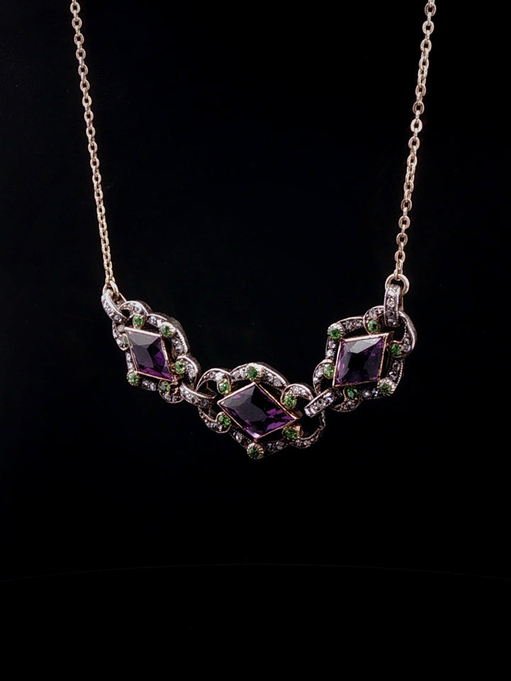 Antique 9ct Gold Amethyst, Diamond and  Demantoid Garnet Necklace, Circa 1900
