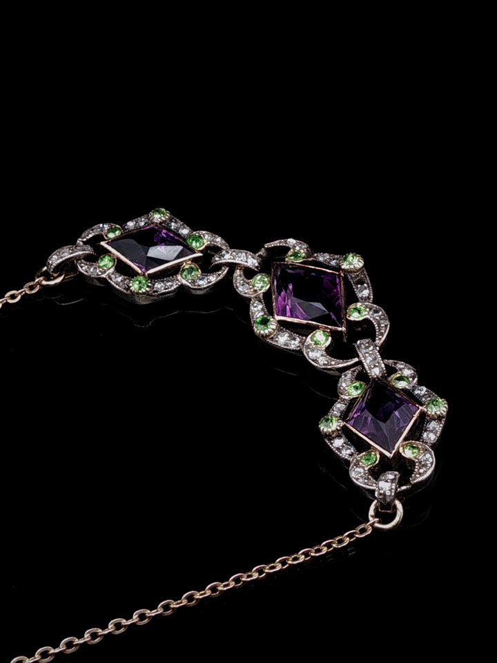 Antique 9ct Gold Amethyst, Diamond and  Demantoid Garnet Necklace, Circa 1900
