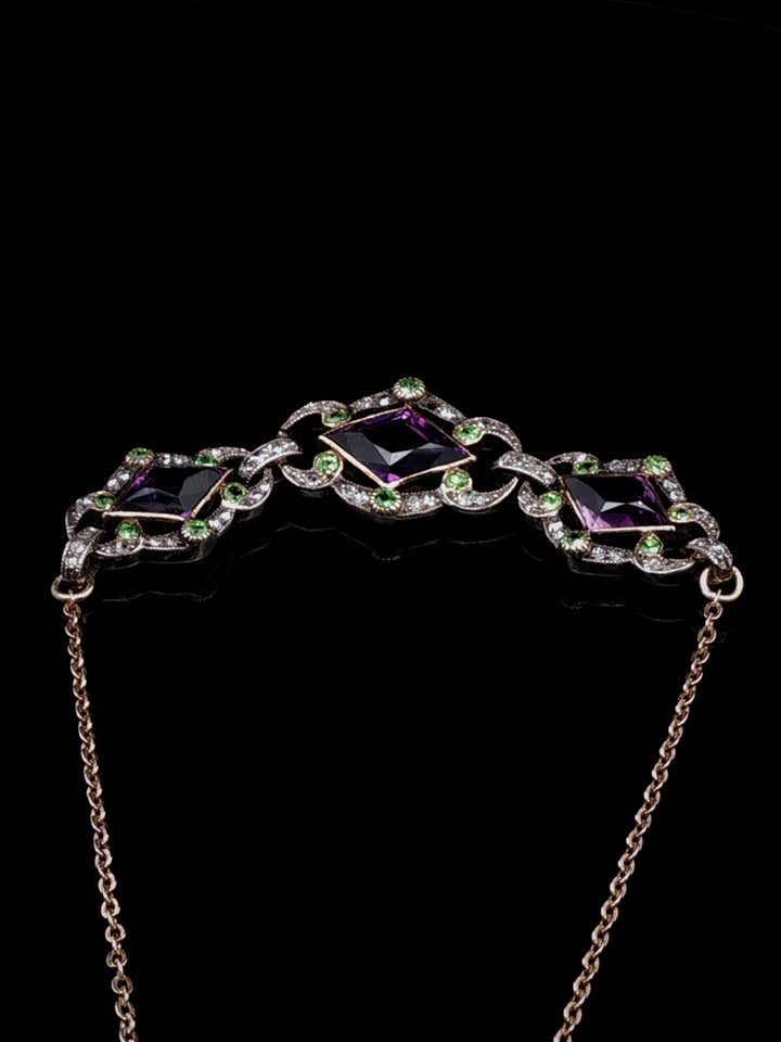 Antique 9ct Gold Amethyst, Diamond and  Demantoid Garnet Necklace, Circa 1900