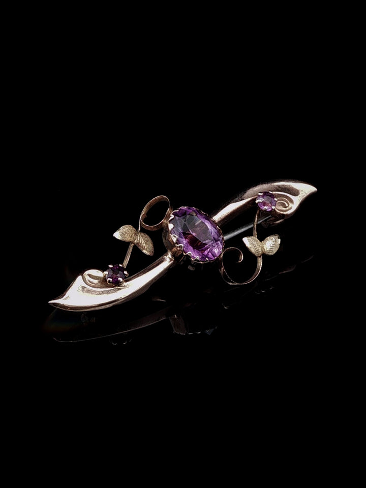 Vintage 9ct Rose Gold  Amethyst Scroll Bar Brooch