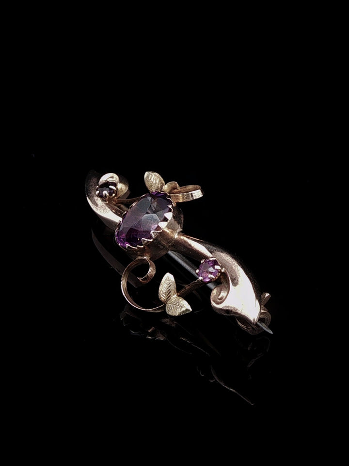 Vintage 9ct Rose Gold  Amethyst Scroll Bar Brooch