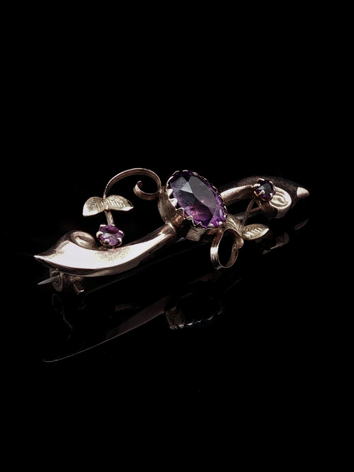 Vintage 9ct Rose Gold  Amethyst Scroll Bar Brooch