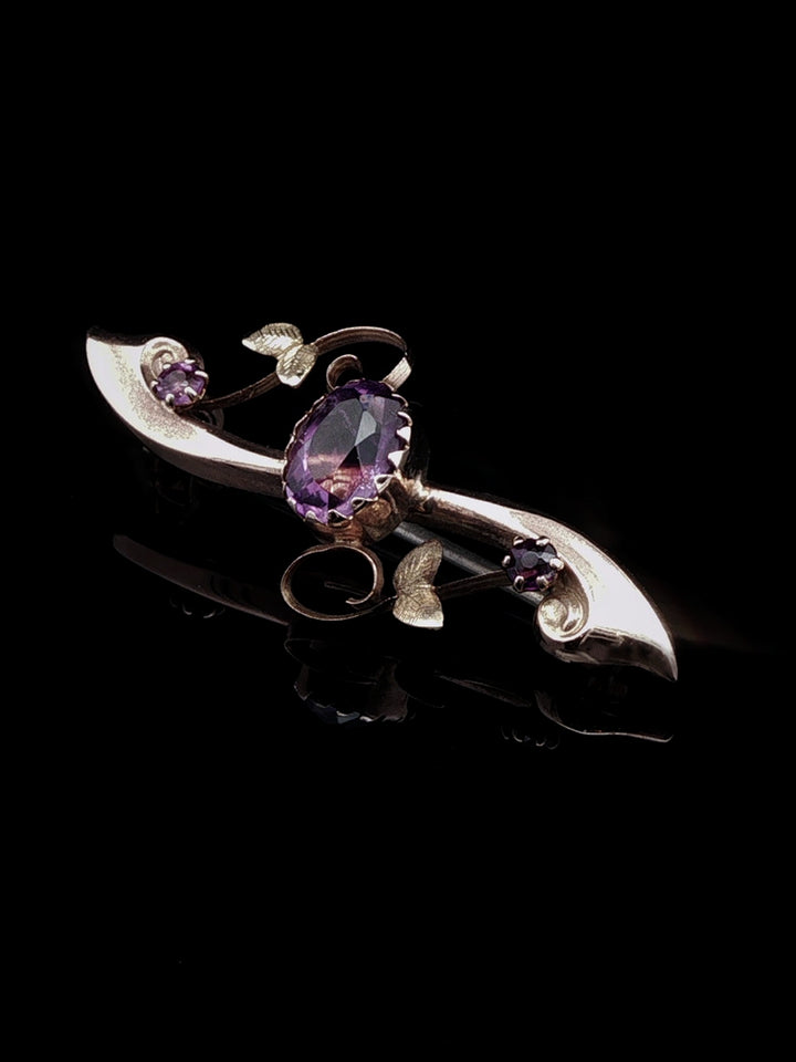Vintage 9ct Rose Gold  Amethyst Scroll Bar Brooch