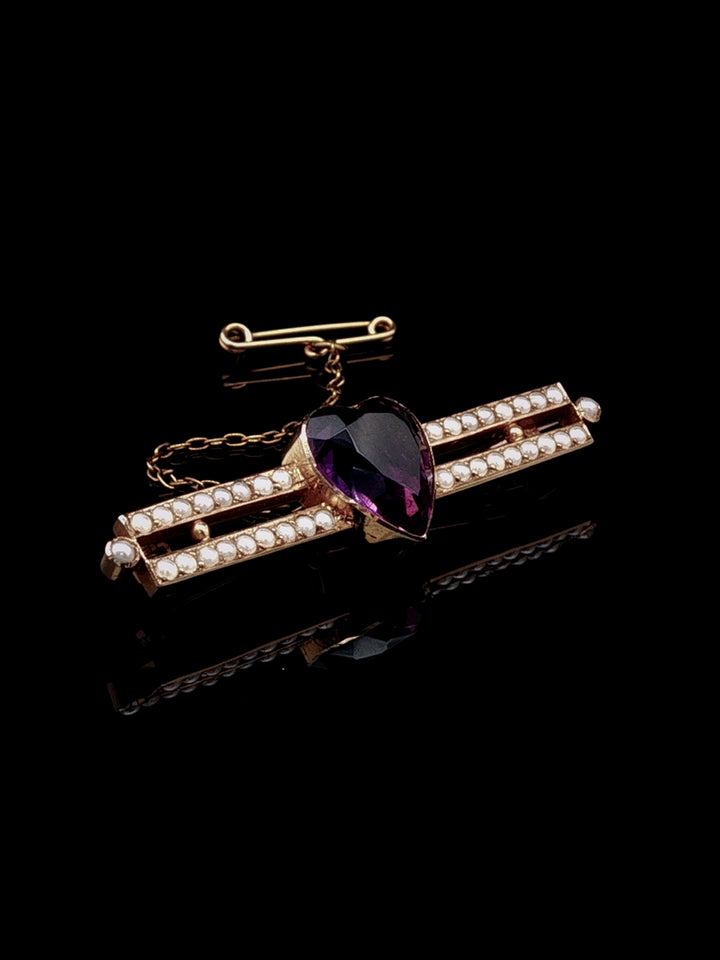 Antique Heart-Shaped Amethyst and Pearl Double Row Bar Brooch in 15ct Yellow Gold