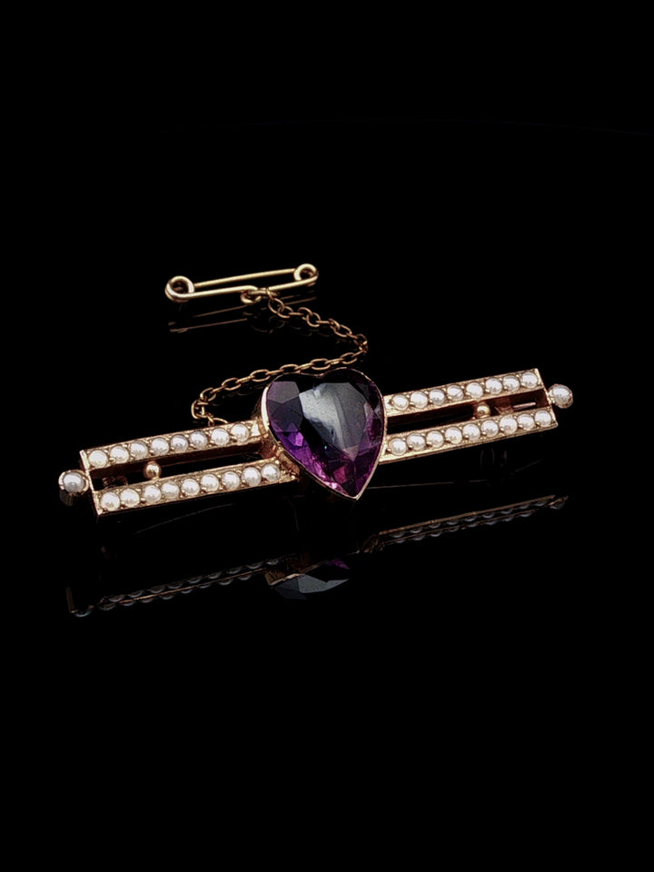 Antique Heart-Shaped Amethyst and Pearl Double Row Bar Brooch in 15ct Yellow Gold