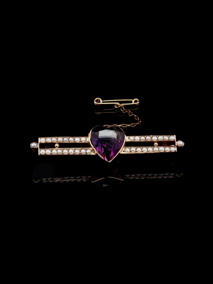 Antique Heart-Shaped Amethyst and Pearl Double Row Bar Brooch in 15ct Yellow Gold