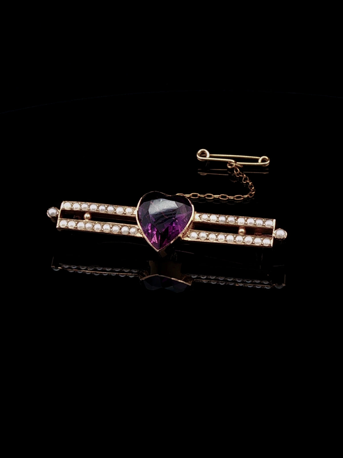 Antique Heart-Shaped Amethyst and Pearl Double Row Bar Brooch in 15ct Yellow Gold