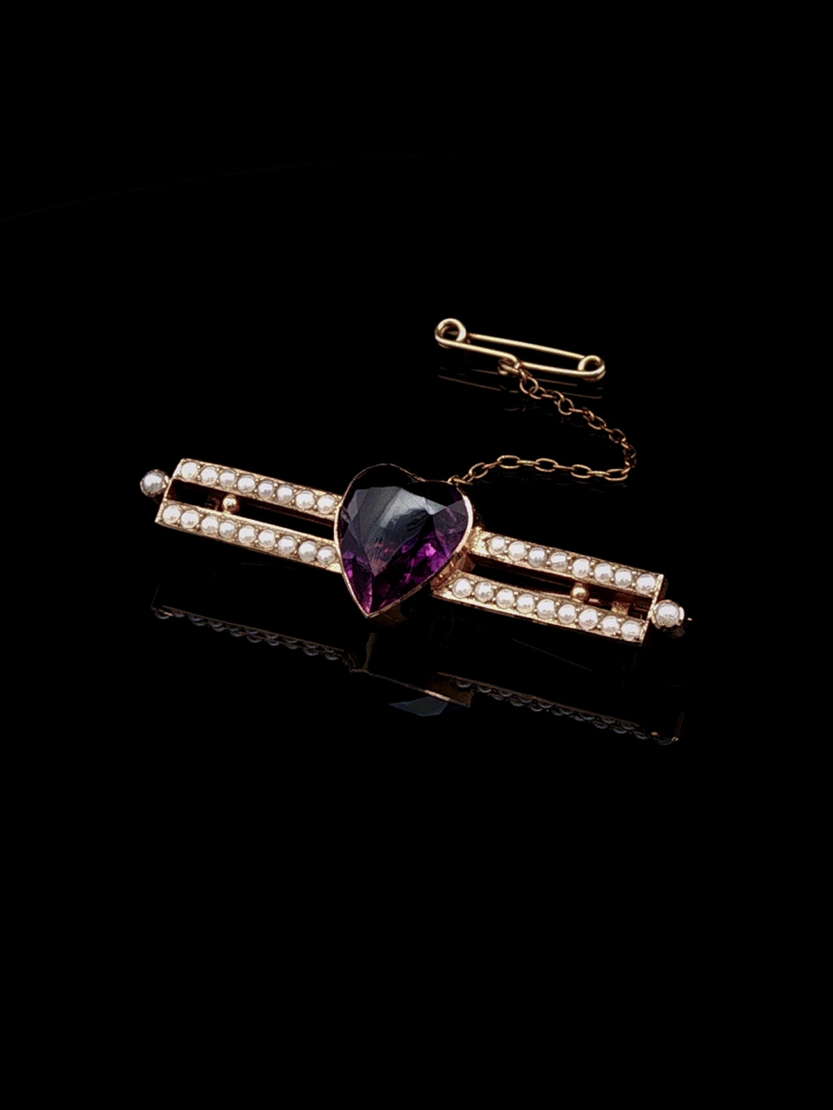 Antique Heart-Shaped Amethyst and Pearl Double Row Bar Brooch in 15ct Yellow Gold