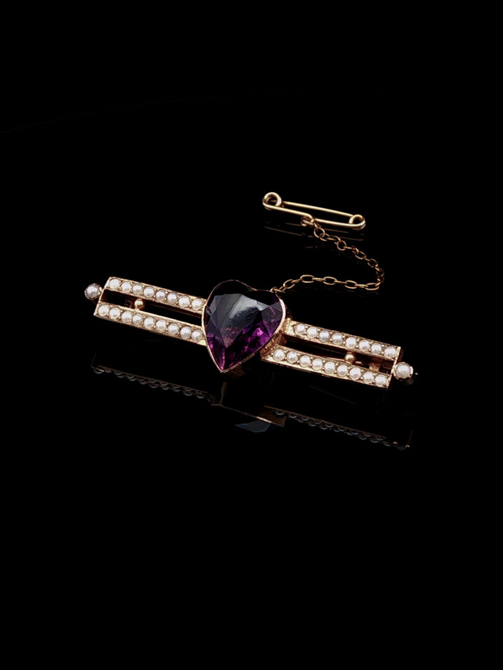 Antique Heart-Shaped Amethyst and Pearl Double Row Bar Brooch in 15ct Yellow Gold