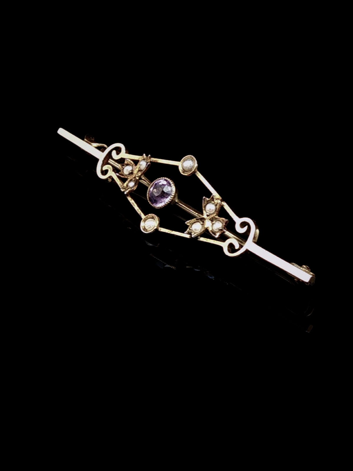 Vintage 9ct Yellow Gold Amethyst and Pearl Bar Brooch
