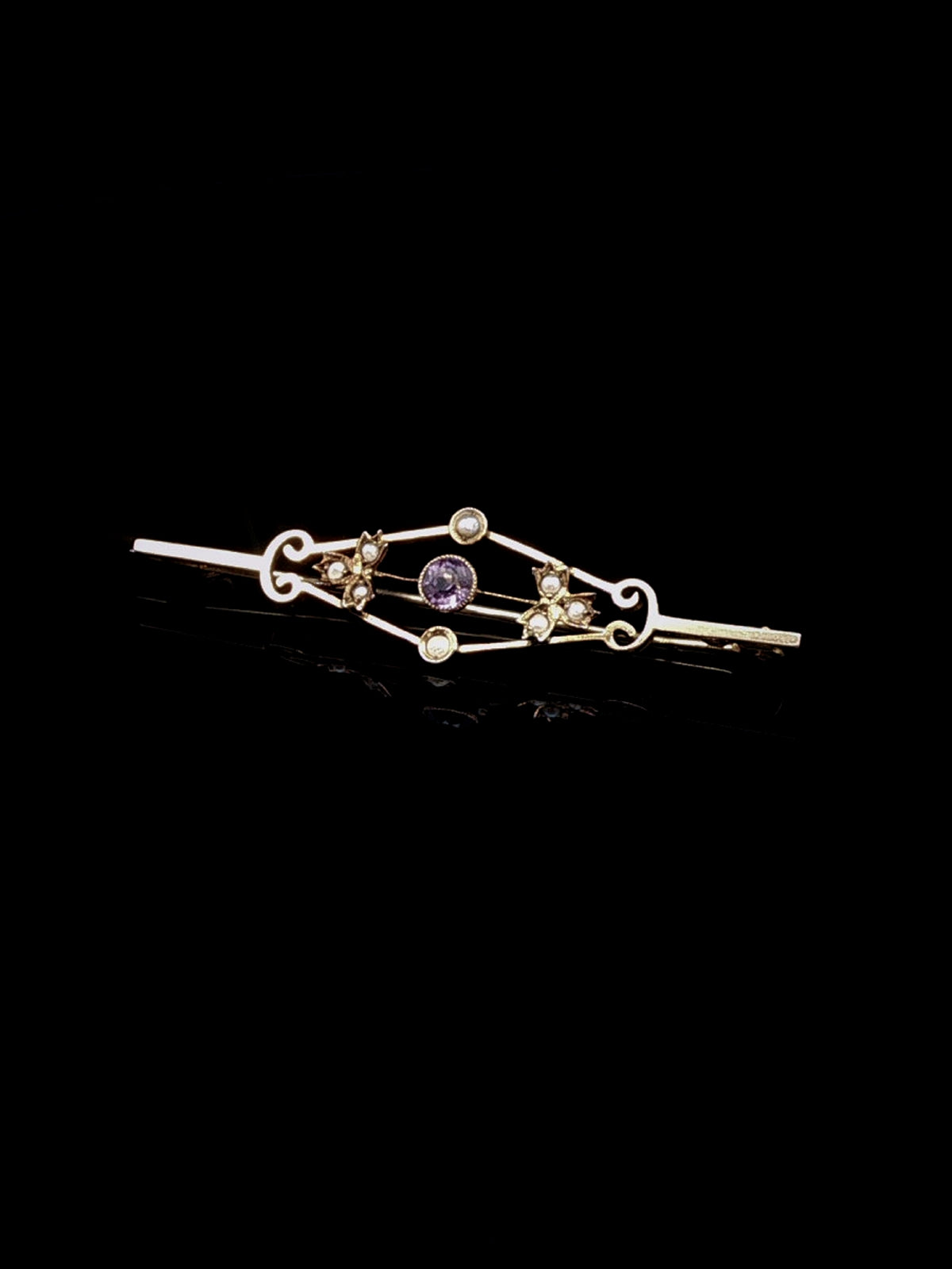 Vintage 9ct Yellow Gold Amethyst and Pearl Bar Brooch