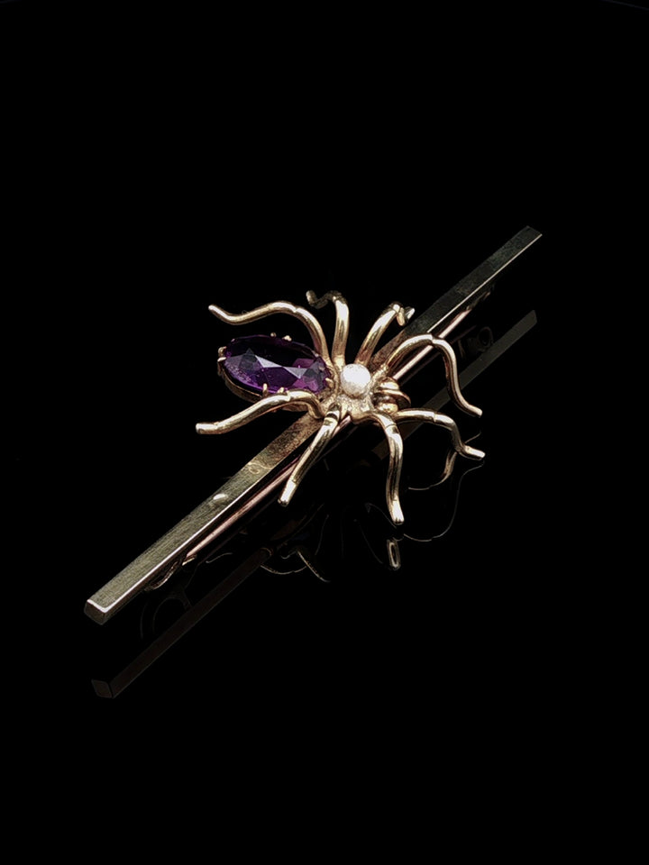 Vintage 15ct Yellow Gold Amethyst and Pearl Spider Bar Brooch