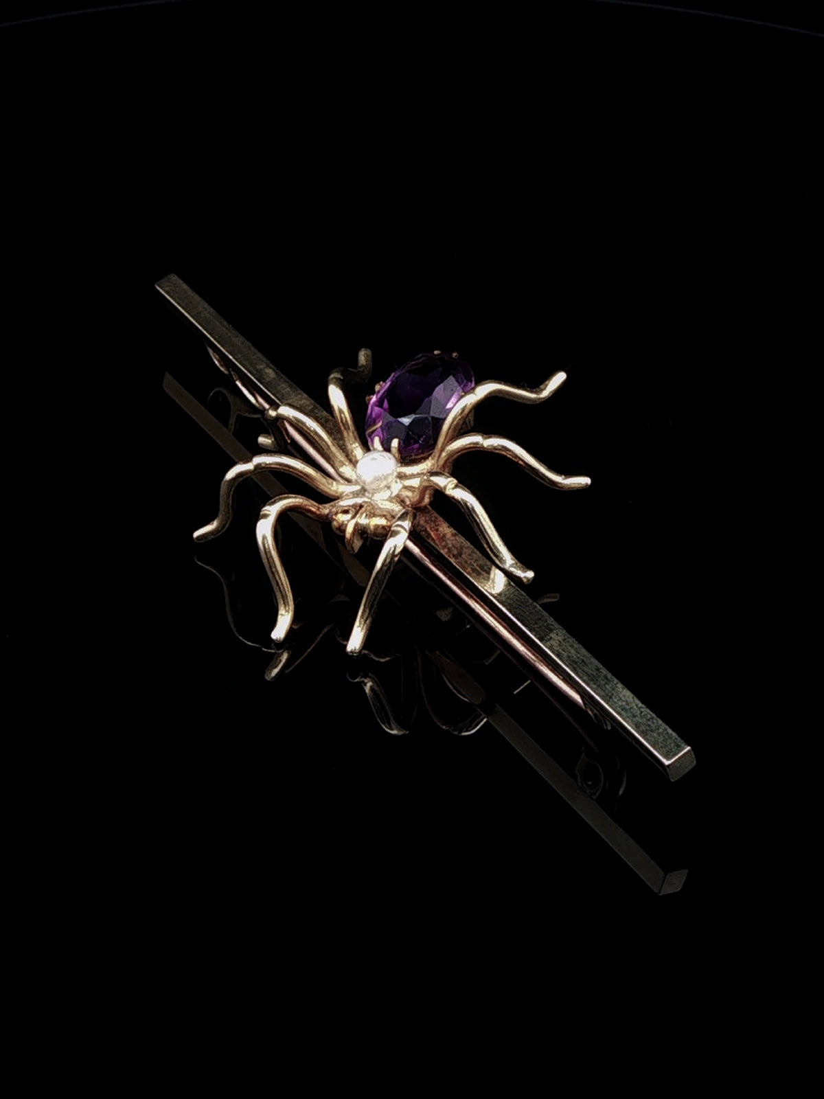 Vintage 15ct Yellow Gold Amethyst and Pearl Spider Bar Brooch