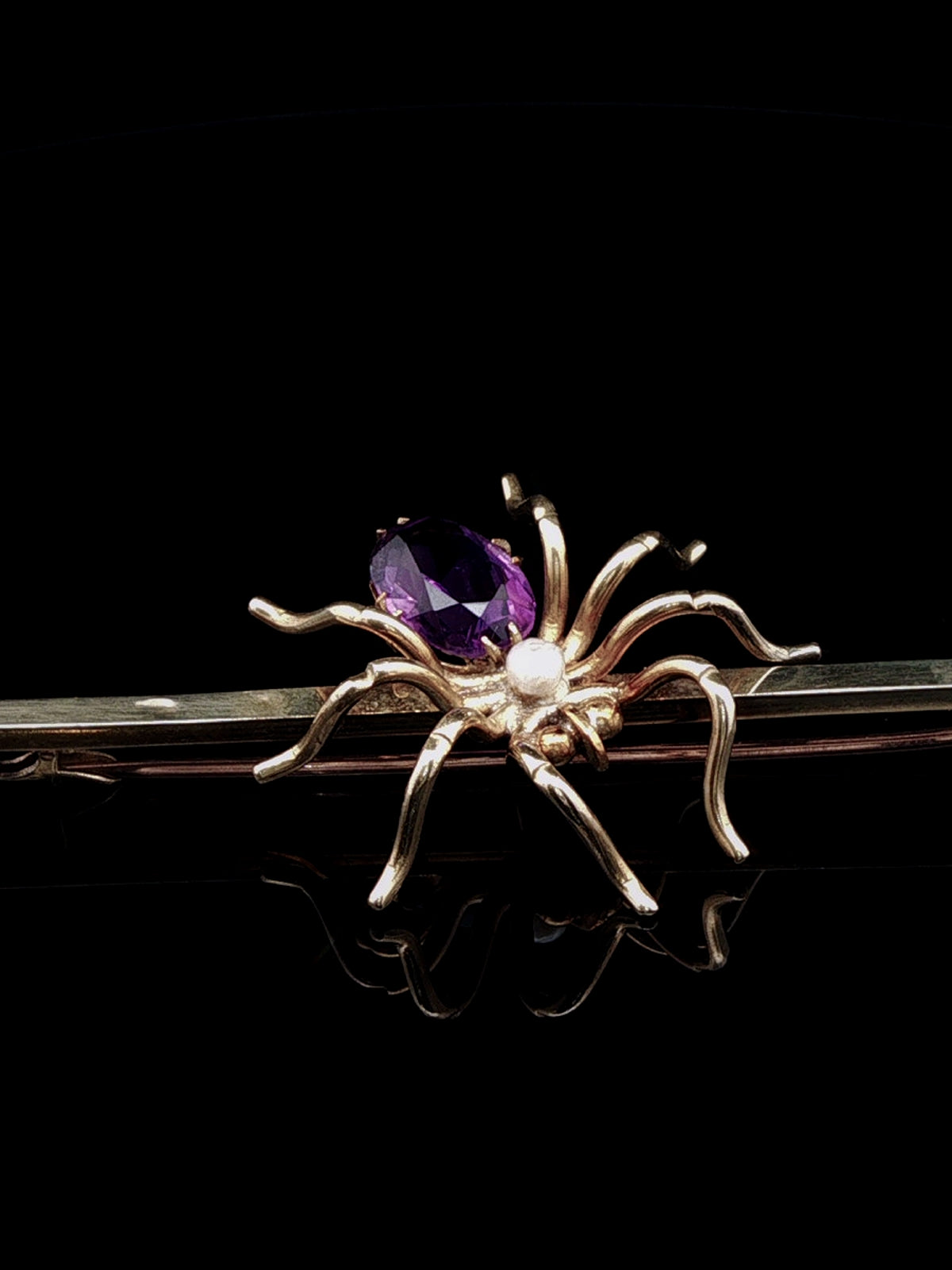 Vintage 15ct Yellow Gold Amethyst and Pearl Spider Bar Brooch