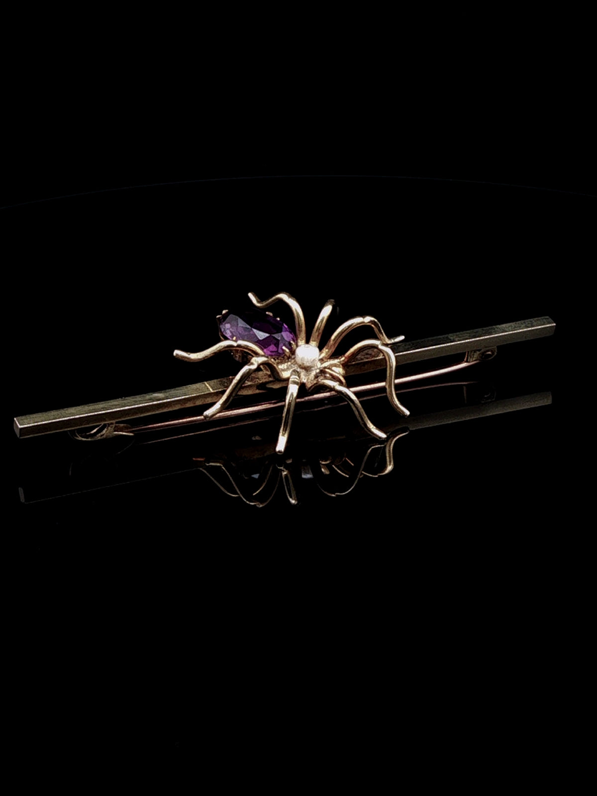 Vintage 15ct Yellow Gold Amethyst and Pearl Spider Bar Brooch