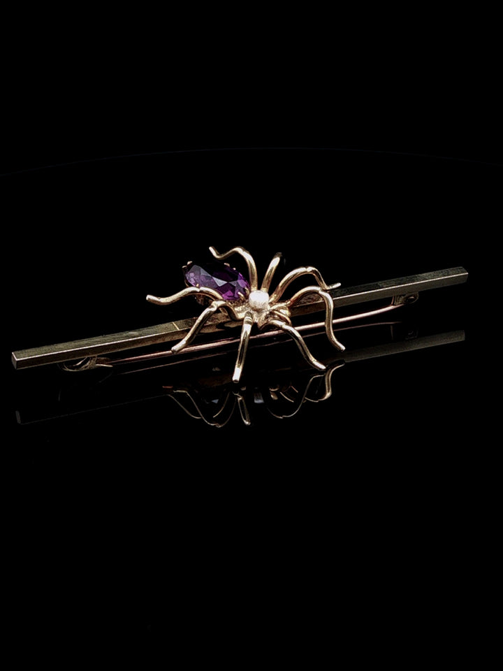 Vintage 15ct Yellow Gold Amethyst and Pearl Spider Bar Brooch