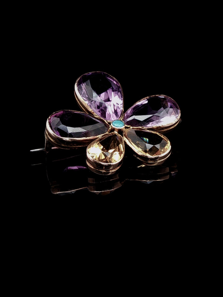 Vintage 15ct Gold Amethyst, Citrine and Turquoise Pansy Brooch