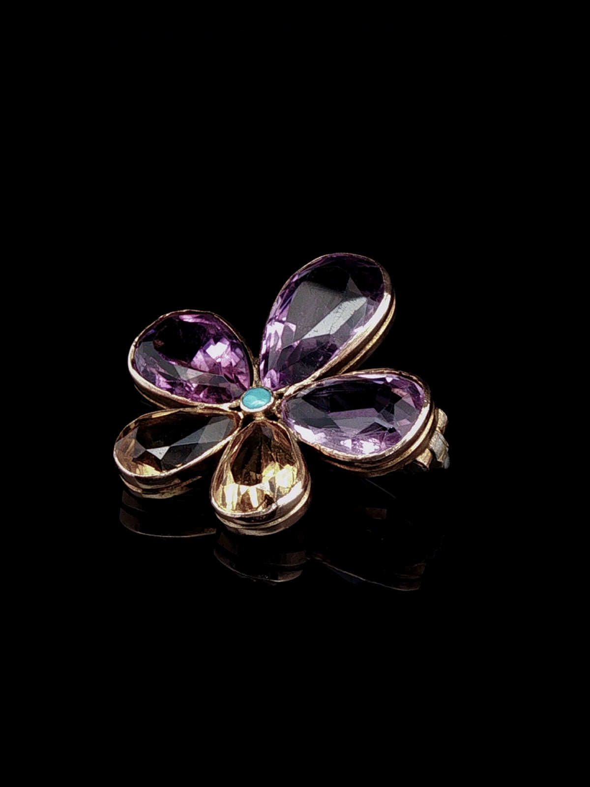 Vintage 15ct Gold Amethyst, Citrine and Turquoise Pansy Brooch