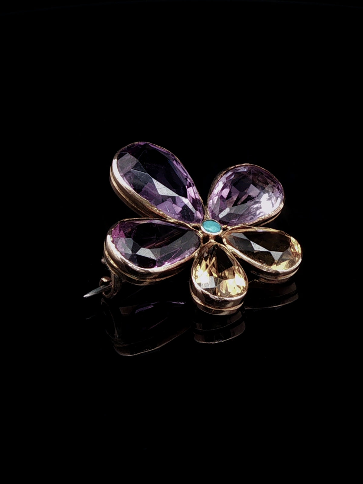 Vintage 15ct Gold Amethyst, Citrine and Turquoise Pansy Brooch